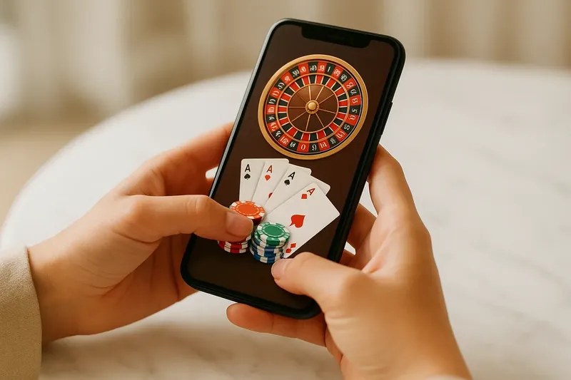 Close-up hands holding smartphone with casino app on white marble