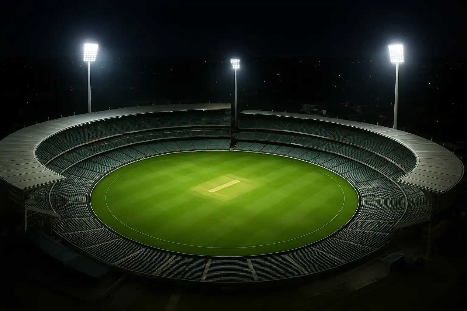 Aerial night view of cricket stadium with floodlights and vibrant green pitch
