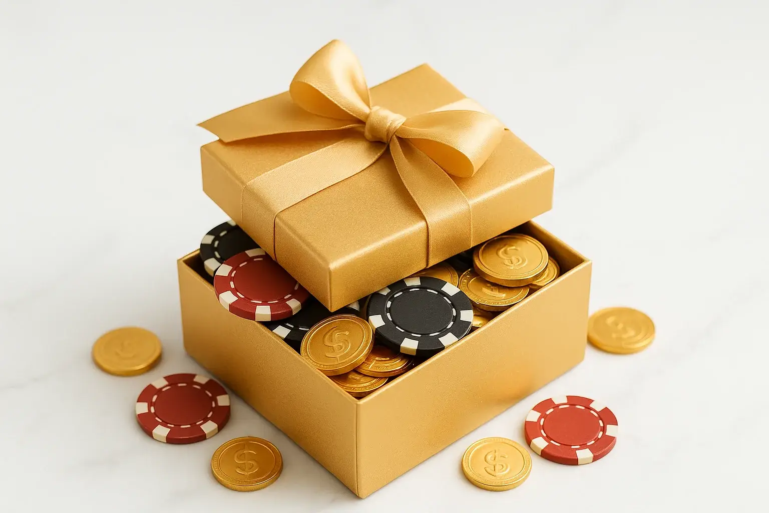 Golden gift box overflowing with poker chips and gold coins