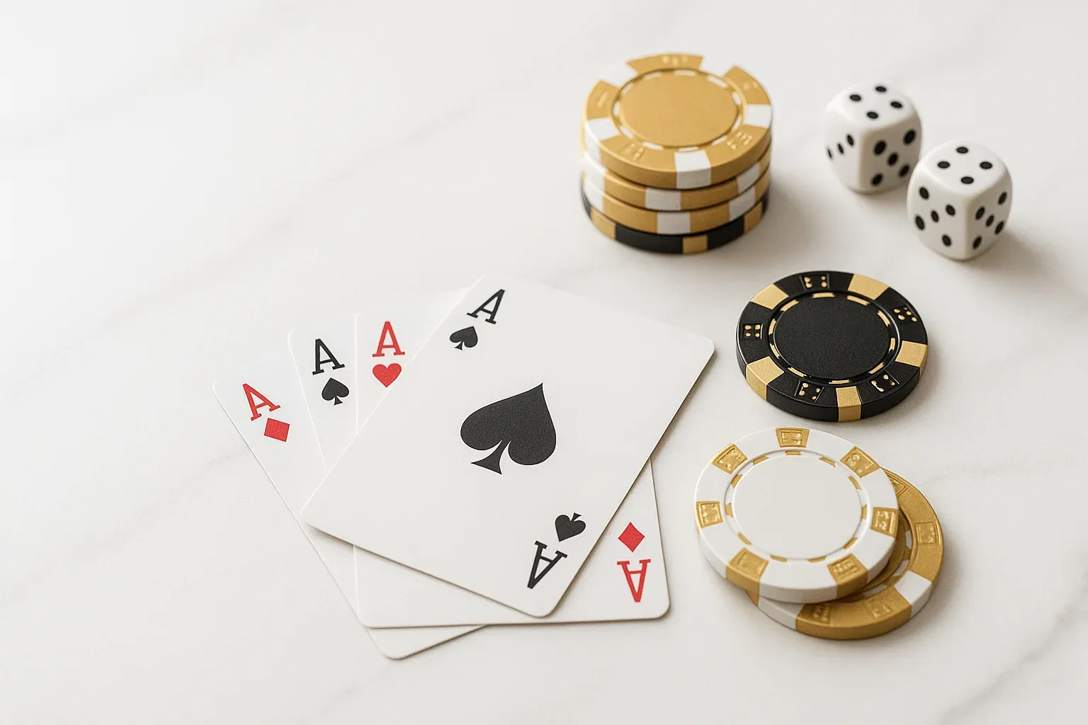 Elegant casino chips, cards, and dice on white marble with gold accents