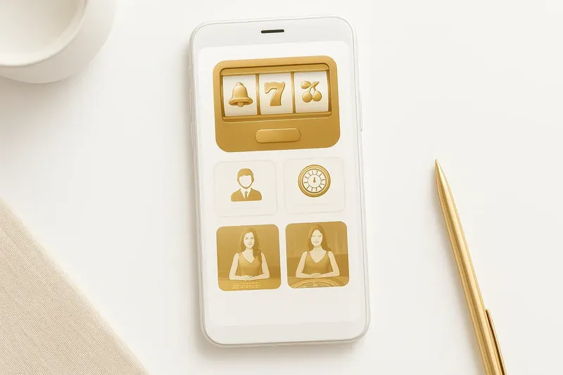 Mobile phone showing casino app with slots and live games