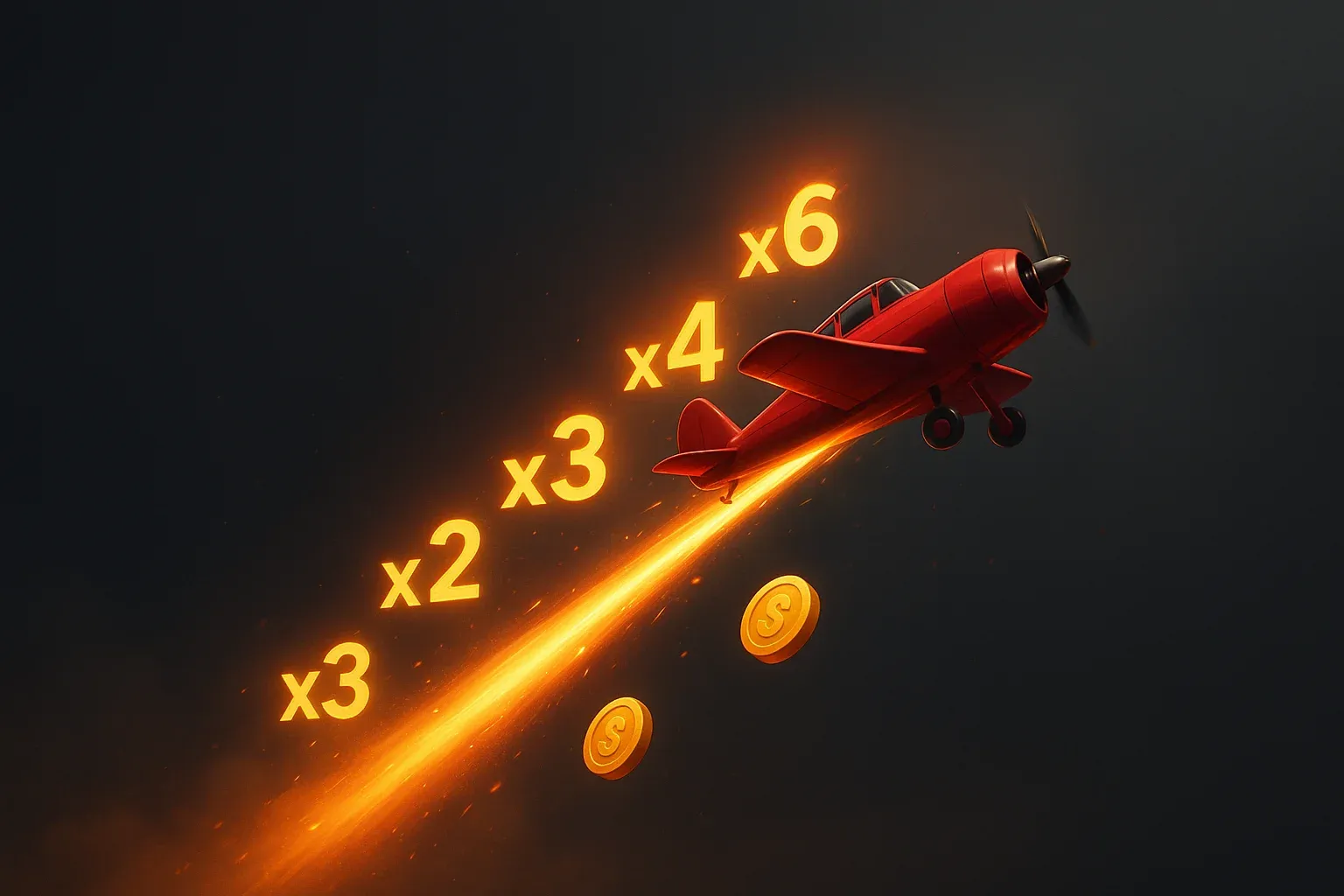 Red airplane climbing with glowing multiplier trail, coins, sparks, neon background