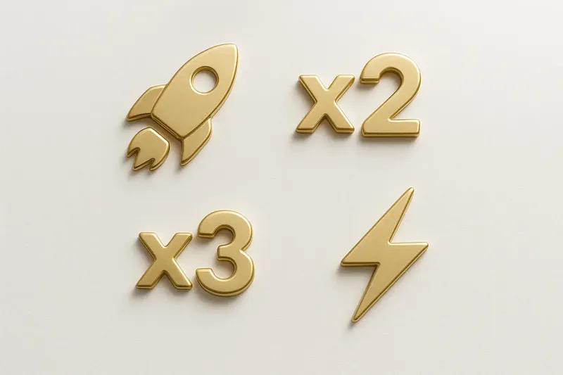 Gold and white instant game icons with rocket, multiplier, and lightning