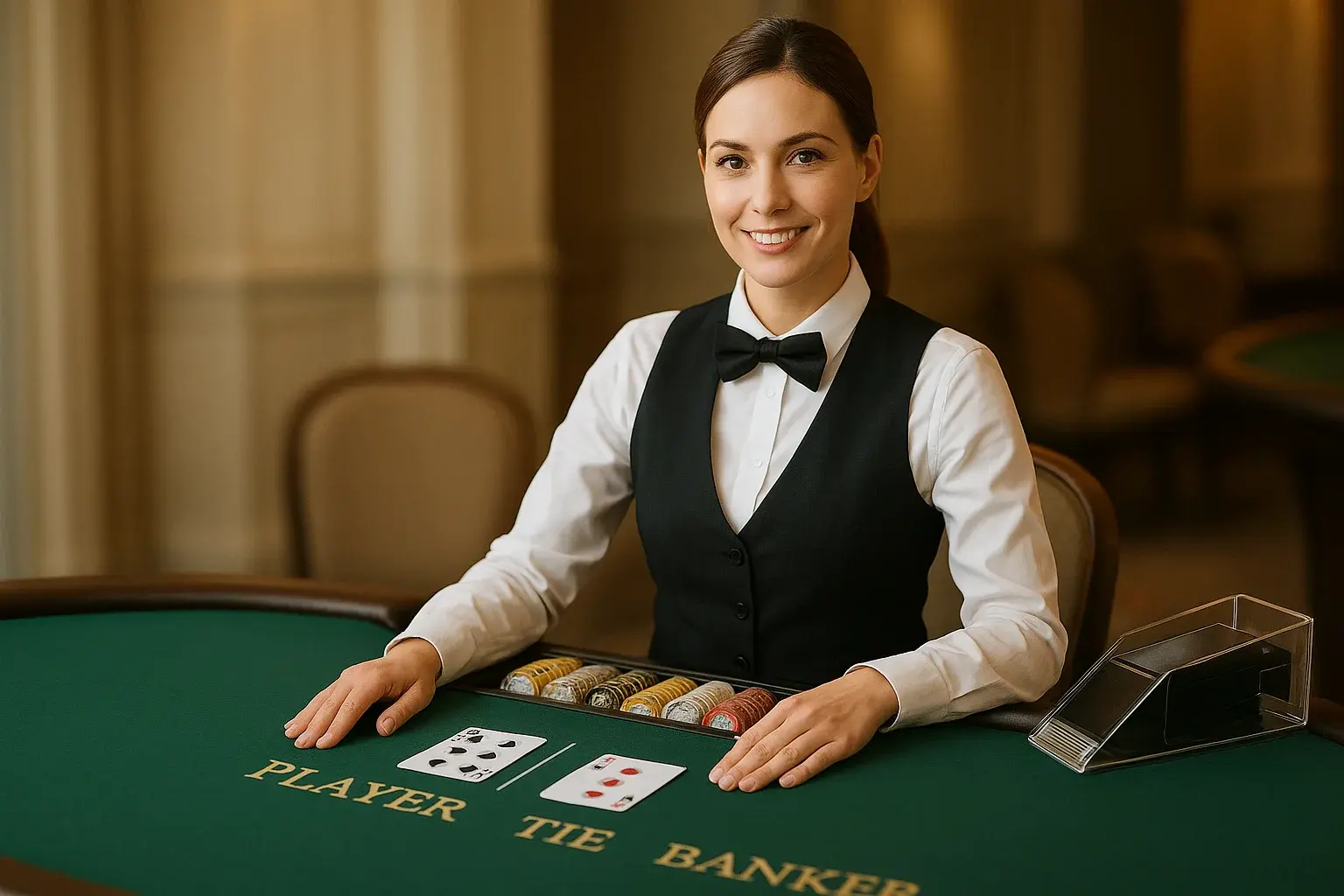 Professional female dealer at elegant live baccarat table with green felt