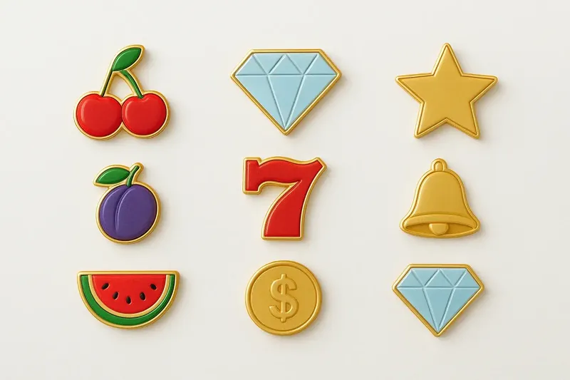 Assorted casino slot icons with fruit, diamonds, lucky sevens, stars