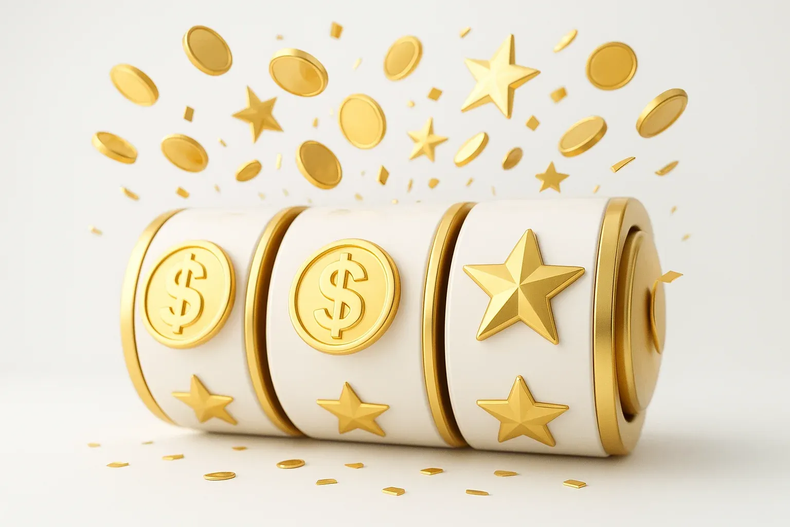 Colorful casino slot reels with gold symbols, coins, and stars bursting